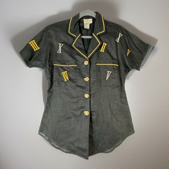 Vintage Black Linen Eighties Roman Numerals Pearl Gold Shell Button Top Shirt 4 - Picture 1 of 5